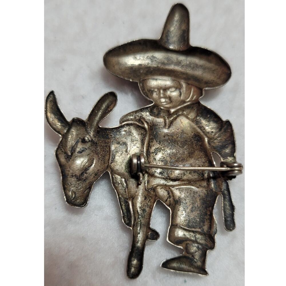 VINTAGE 1940s MEXICAN STERLING 925 BOY SOMBRERO HAT BURRO DONKEY BROOCH PIN - Picture 9 of 9